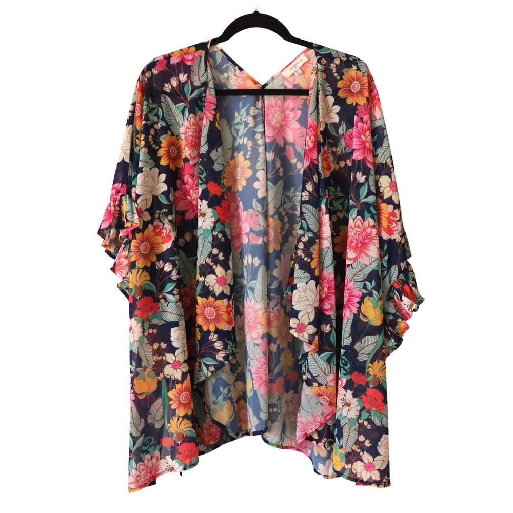 Umgee Navy Blue Floral Ruffle Sheer Kimono Cardigan Lightweight‎ Plus Size 2XL